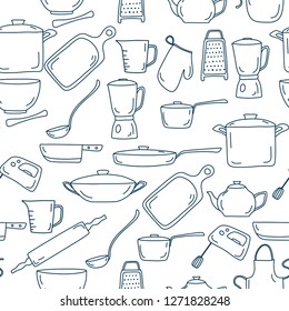 Kitchen utensils hand drawn vector seamless pattern. Home textile and wallpapers doodle background.