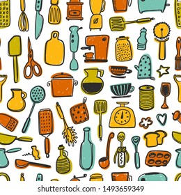 Kitchen utensils hand drawn vector seamless pattern. Saucepan, bottle, teapot and mixer on white background. Kitchen tools. Cutlery and kitchenware cartoon wrapping paper, wallpaper, textile design
