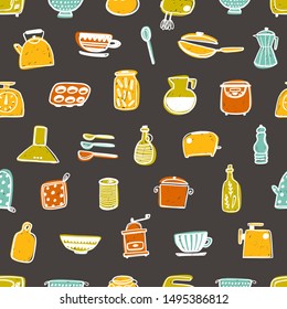 Kitchen utensils hand drawn vector seamless pattern. Saucepan, bottle, teapot and mixer on white background. Kitchen tools. Cutlery and kitchenware cartoon wrapping paper, wallpaper, textile design