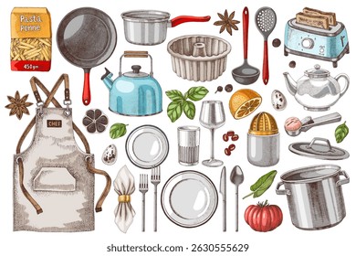Kitchen utensils hand drawn vector