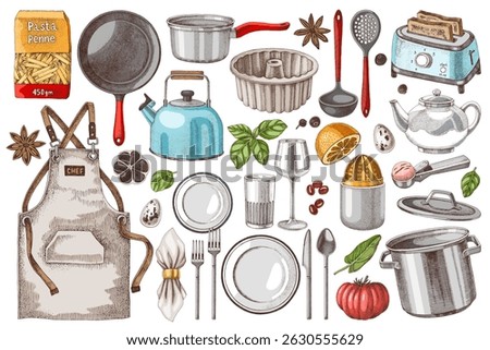Kitchen utensils hand drawn vector