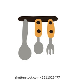 Kitchen utensils hanging on a rack, including a spoon, fork with yellow handles in flat style. Ideal for kitchen design, culinary themes, and home decor. Vector illustration isolated on a white.