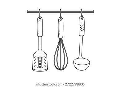 Küchenutensilien, die auf einer Vektorgrafik des Regals hängen. Umrisszeichnung von Pfannenwhisk und Spatel. Einfache Linie Kunst kulinarische Ausstattung Icons.