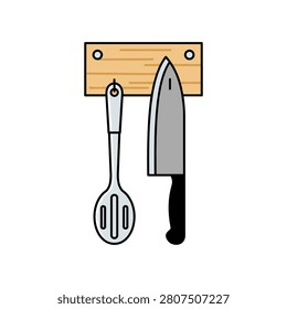 Kitchen utensils hanging on wall mount vector illustration with utensils culinary organizer equipment houseware