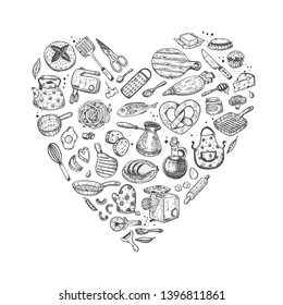 Kitchen utensils. Heart shape. Hand drawn vector illustration. Peeler, grater, spoon, corkscrew, slicer, pepper mill, shaker, steel knife, whisk, pin, fork, salt shaker and other elements
