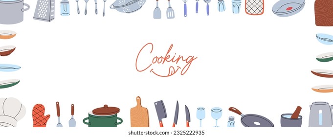 Kitchen utensils in horizontal banner. Kitchenware and cutlery line background. Ceramic plates, mug, cup, wineglass, frying pan, sieve, colander.