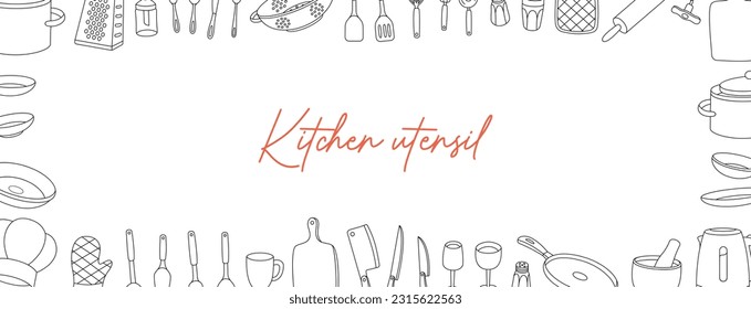 Kitchen utensils horizontal outline banner. Kitchenware and cutlery. Ceramic plates, mug, cup, wineglass, frying pan, sieve, colander, kitchen mitten.