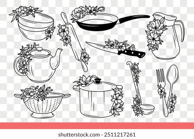 Kitchen utensils for housewives and professional chefs preparing culinary masterpieces. Kitchen utensils with flowers and frying pan with sharp knife near saucepan or jug. Hand drawn.