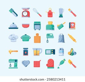 Kitchen utensils icon. Cooking tools, kitchenware, utensil. Cooking pot, mixer, frying pan, napkin, colander, steel grater, blender, rolling pin.