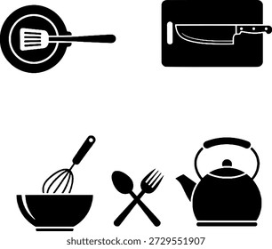 Conjunto de Ícones de Utensílios de Cozinha, Silhuetas Pretas de Ferramentas de Cozinha e Equipamento Culinário Isolado