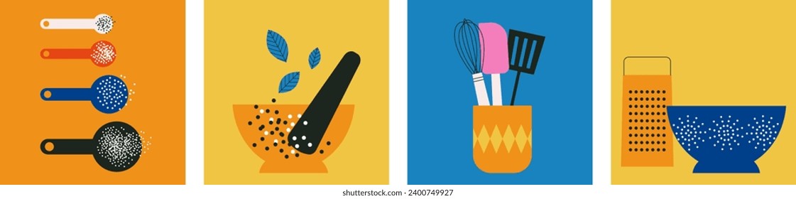 Kitchen utensils icon set. Collection of cooking food vector design elements. Kitchenware for cooking and baking. Measuring spoons. Jar with cutlery. Grater. Pasta colander. Flat vector illustration.