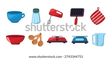 Kitchen utensils icon set, collection of kitchen utensils and baking tools, household items icon set, flat vector illustration, kitchen clip art, cooking clip art