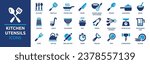 Kitchen utensils icon set. Containing cutlery, spatula, frying pan, knife, spoon, fork, saucepan, bowl, plate, ladle, grater measuring spoons and more. Vector solid icons collection.