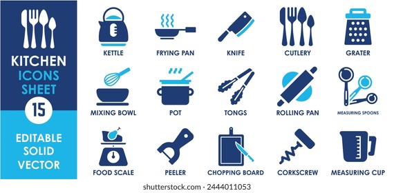 Kitchen utensils icon set. Containing cutlery, spatula, frying pan, knife, spoon and so on. Flat vector kitchen items set.