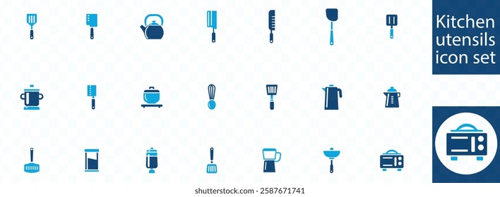 Kitchen utensils icon set. Containing cutlery, spatula, frying pan, knife, spoon, fork, saucepan, bowl, plate, ladle, grater measuring spoons and more. Vector solid