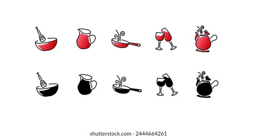 Juego de iconos de utensilios de cocina. Diferentes estilos, mezclador, decantador, sartén, vasos, juego de hervidor, iconos de utensilios de cocina. Iconos vectoriales