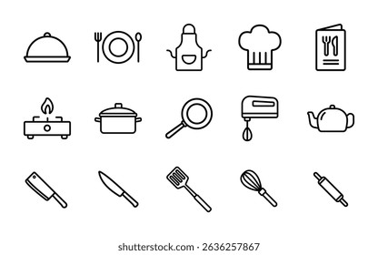 Kitchen utensils icon set isolated on white, includes chef hat, frying pan, whisk, knife, apron, chef hat, and more. Perfect for restaurant, kitchen, cafe, and dining-themed designs.