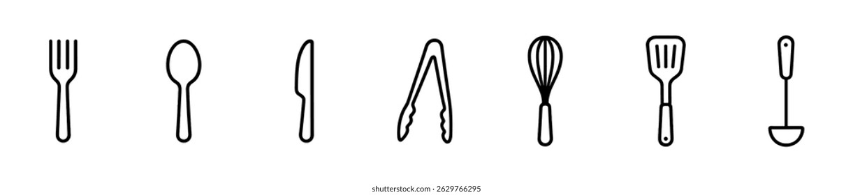 Kitchen utensils icon set - outline, cooking, fork, spoon, knife, whisk, tongs