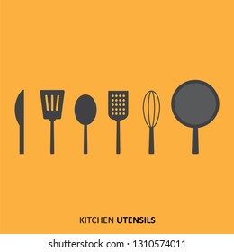 Kitchen utensils icon set with simple design, Cooking tools and equipments on yellow background. Vector Illustration.