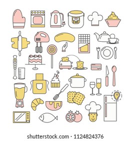 Kitchen utensils icon set. Vector thin line art flat style design elements isolated on white background.