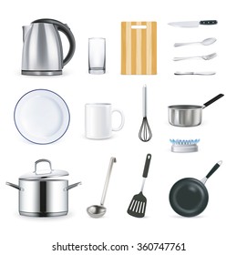 Kitchen utensils icons collection in realistic style on white background with kettle pan whisk glass ladle mug isolated vector illustration