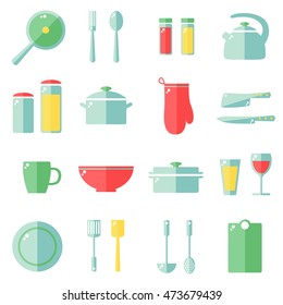 Kitchen utensils icons isolated on white background. Kitchen utensils set. Kitchenware objects. Flat style vector illustration. 