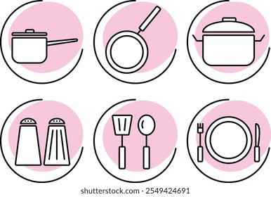 kitchen utensils icons on a white background, frying pan, saucepan, plate, fork, knife, pepper shake