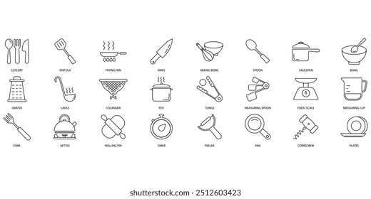 Conjunto de iconos de utensilios de cocina. Conjunto de iconos de trazo editable. Conjunto de utensilios de cocina