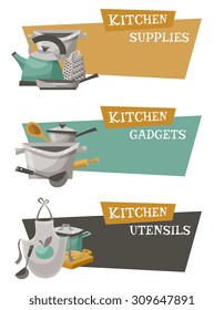 Kitchen utensils icons set with gadgets supplies and titles flat isolated vector illustration 