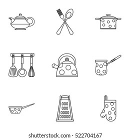 Kitchen utensils icons set. Outline illustration of 9 kitchen utensils vector icons for web