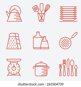 Kitchen utensils icons, thin line style, flat design