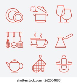 Kitchen utensils icons, thin line style, flat design