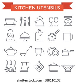 Kitchen utensils icons, thin line, flat design