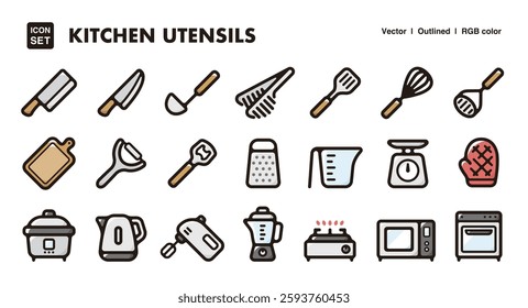 Kitchen utensils illustration icon set.Simple vector outlines, clipart for graphic design.