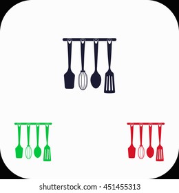 Kitchen utensils Illustration set. Blue, green, red icon.