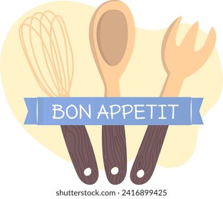 Kitchen utensils illustration with a whisk, spoon, spatula, and Bon Appetit text. Cooking tools and culinary concept vector illustration.