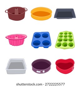 Kitchen utensils including diverse baking pans and molds are essential tools for preparing cakes, muffins, and other sweet treats, representing home baking and culinary hobbies
