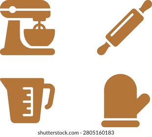Kitchen utensils including a mixer, rolling pin, measuring cup, and oven mitt for baking