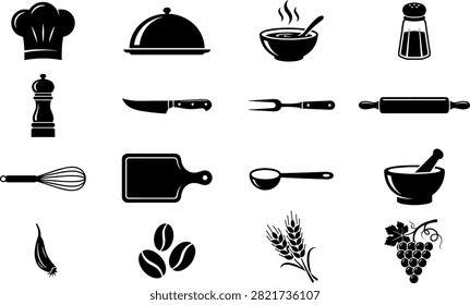 Kitchen Utensils and Ingredients Icon Set with Cookware, Chef Hat, Cutlery, Spices, Grains, Onion, and Grapes