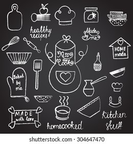 Kitchen utensils isolated Hand drawn Kitchen tools set Kitchen equipment collection Kitchen silhouette Kitchen background Kitchen doodles Home made food symbols of Apron, spatula, cook hat, soup bowl