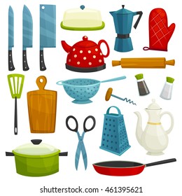 Kitchen utensils isolated icons. Kitchenware and cutlery hatchet, knife, coffee maker, kettle, pitcher, spatula, cutting board, grater, scissors, frying pan siuce pan salt pepper corkscrew colander