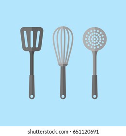 Kitchen utensils isolated on blue background. Spatula, skimmer and whisk flat style icons. Vector illustration.