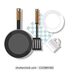 Kitchen utensils isolated on white background. Plate, mug, shovel, frying pan, napkin.  Top view