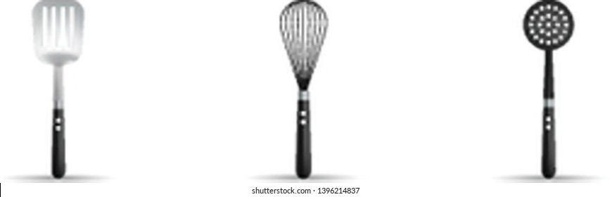 Kitchen utensils isolated on white background. Spatula, skimmer and whisk. Vector illustration, eps 10.