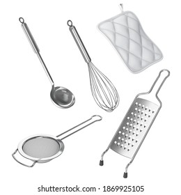 Kitchen utensils isolated on white background. Vector 3d realistic set. Potholder, whisk, ladle, grater, strainer.