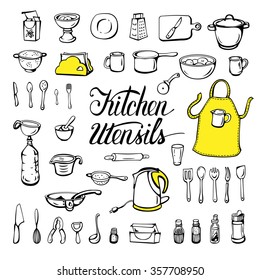 Kitchen utensils, isolated on a white background. Sketch ink. Vector illustration.