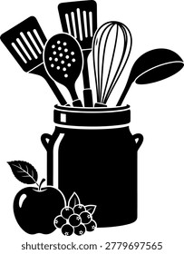 Kitchen Utensils in Jar with Apple and Berries (2)