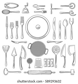 Kitchen utensils or kitchenware sketch vector illustration. Hand drawn cooking tools