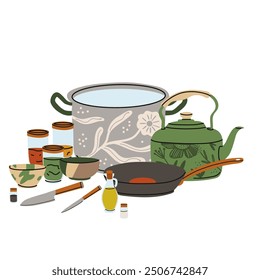 Kitchen utensils. Kitchenware tools and equipment. Frying pan, saucepan, knives and forks. Cutlery objects for food cooking modern contemporary crockery cartoon flat isolated vector illustration