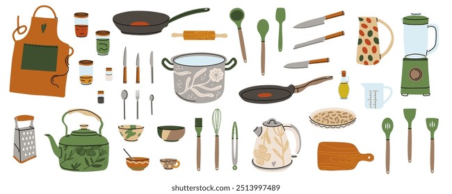 Utensilios de cocina. Utensilios y equipos de cocina. Sartén, cacerola, cuchillos y tenedores. Objetos de cubiertos para cocinar alimentos vajilla contemporánea moderna, Ilustración vectorial aislada plana de dibujos animados